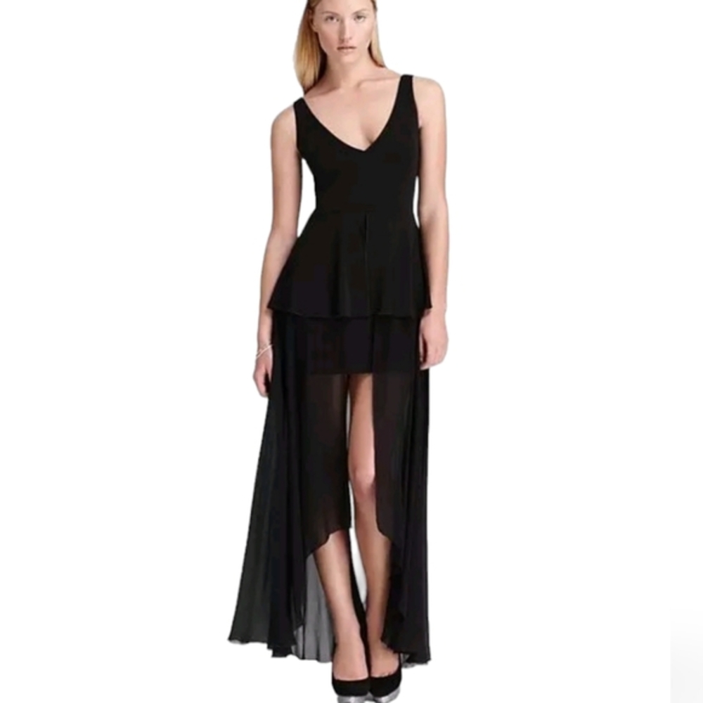 NICOLE MILLER Black Peplum Cross Straps Hi Low Formal Party Gown Size 2
